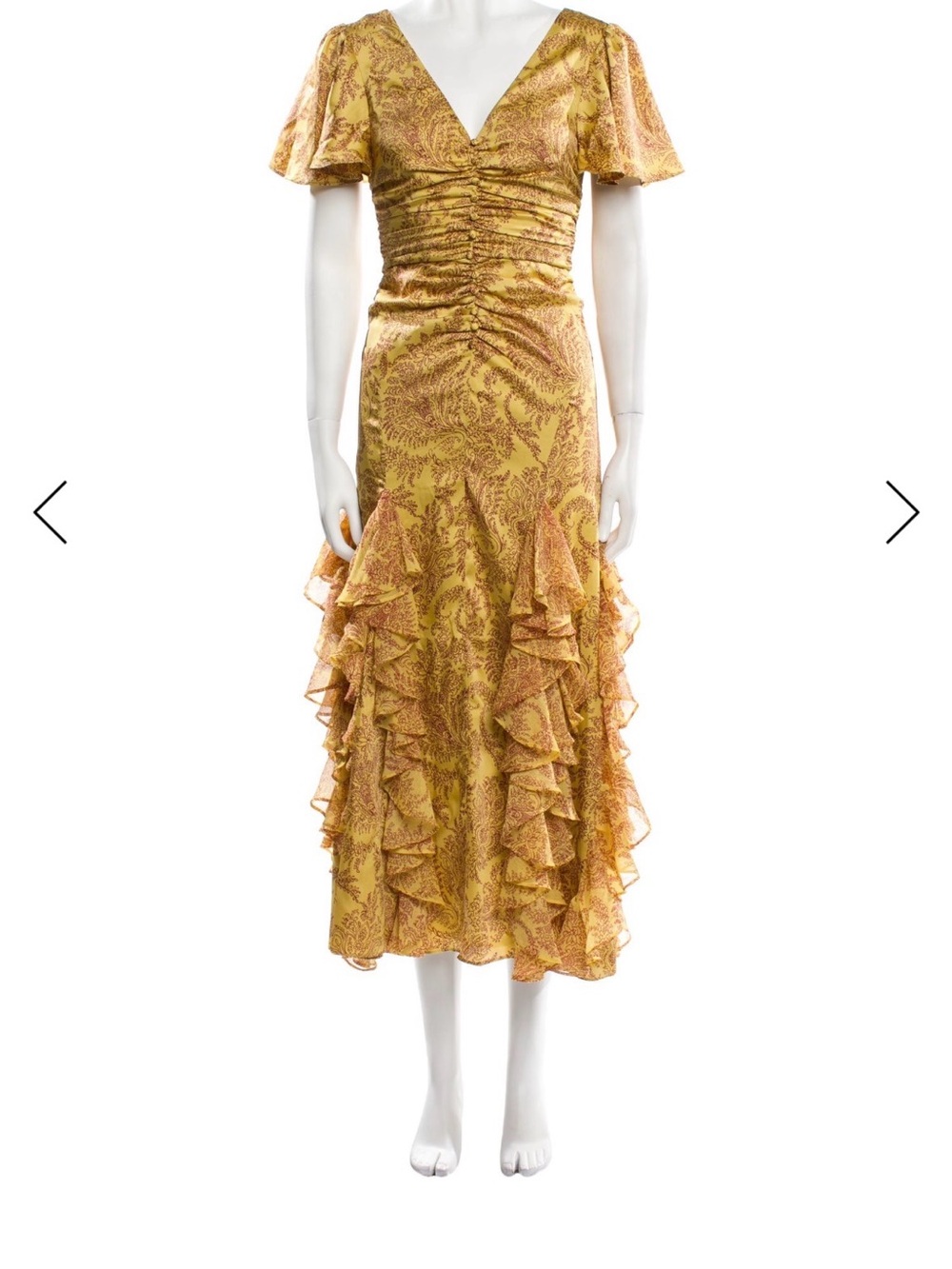 cinq a sept Yellow Paisley Ruffle Midi Dress
